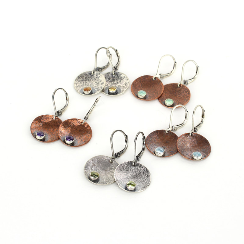 Textured Silver or Copper Discs with Gemstones