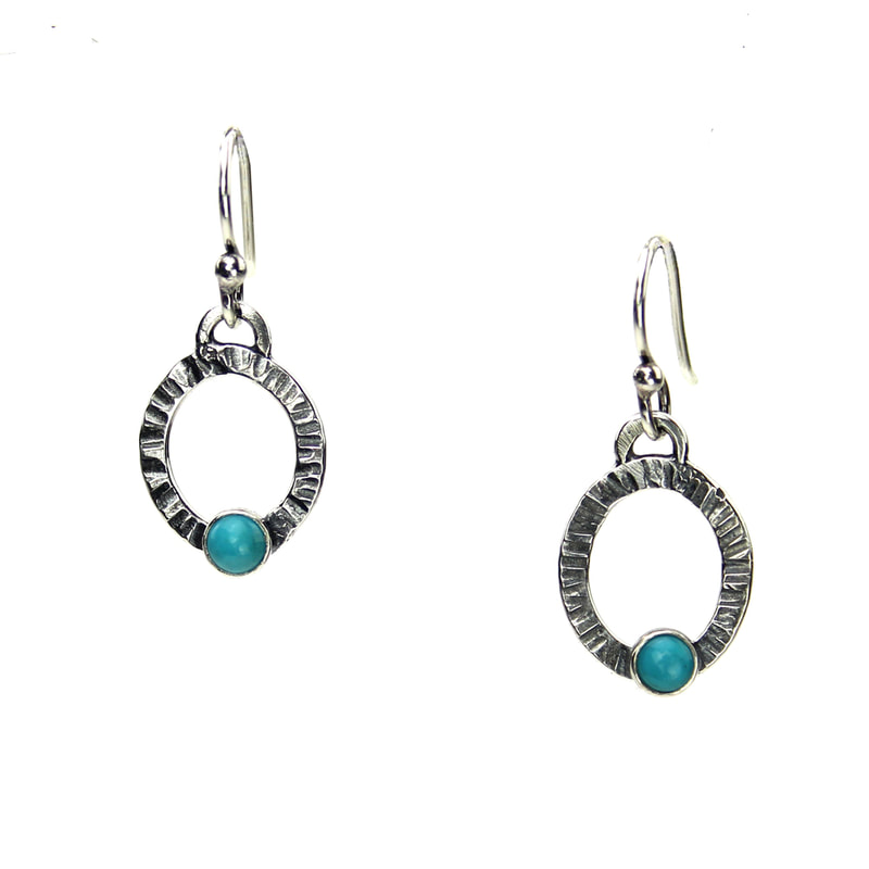 Tiny textured oval hoop earrings with turquoise in sterling silver.