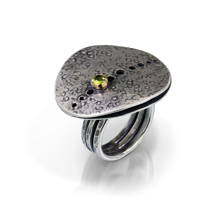 Textured and oxidized sterling silver statement ring with peridot