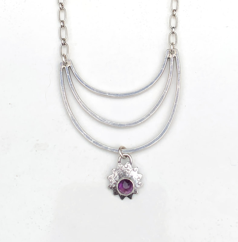 Silver Crescent Starlight Dangle Necklace with Amethyst