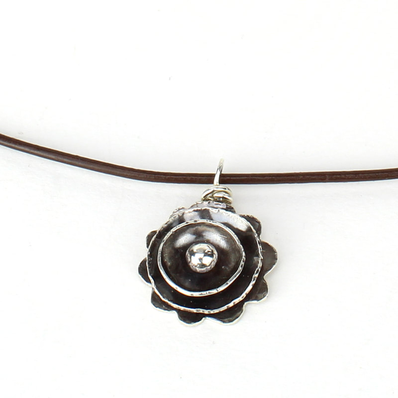 Handmade Small Silver Flower Necklace on Brown Leather Cord