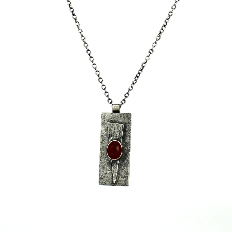 Triangle on Rectangle Necklace with Carnelian in Textured and Oxidized Sterling Silver