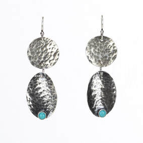 Hammered Silver Dangly Earrings with Turquoise